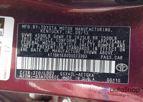 2013 Toyota Avalon Xle из США, поврежденный, VIN 4T1BK1EB0DU073303